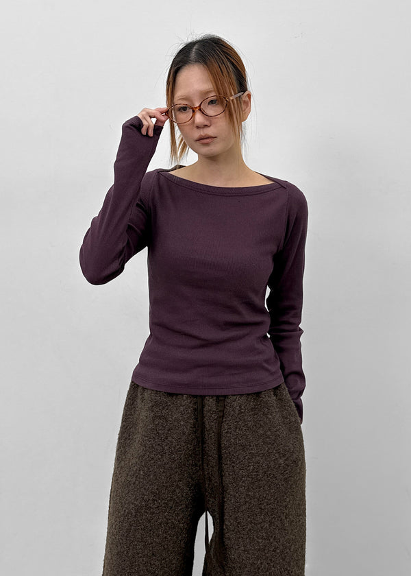 Shrint Boat Neck Ribbed Long Sleeve T-shirt