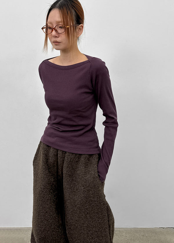 Shrint Boat Neck Ribbed Long Sleeve T-shirt