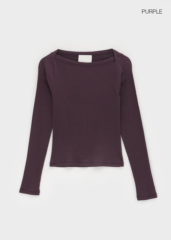 Shrint Boat Neck Ribbed Long Sleeve T-shirt