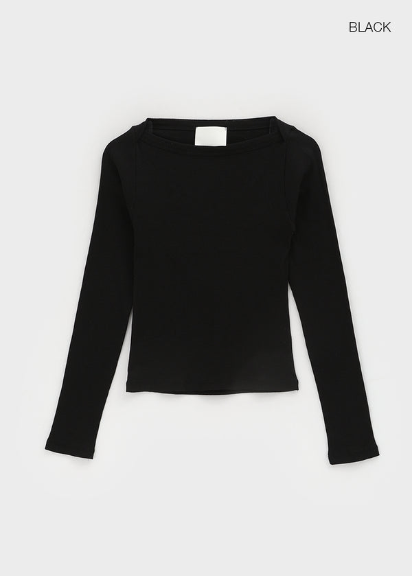 Shrint Boat Neck Ribbed Long Sleeve T-shirt