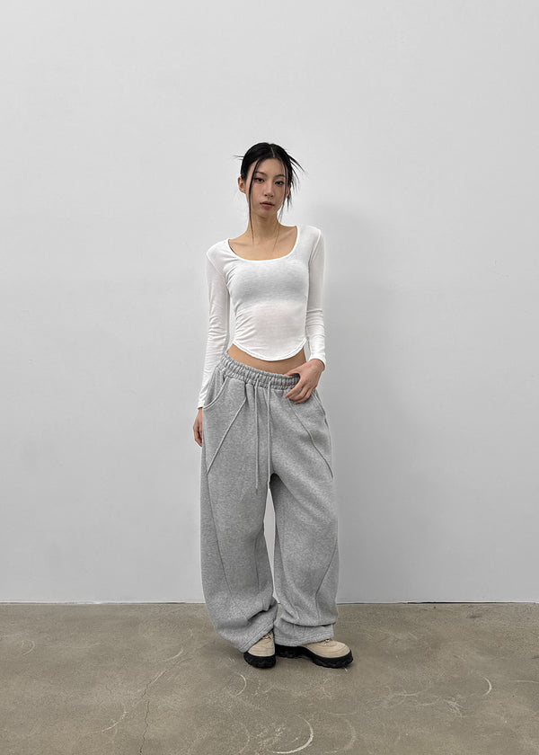 Pelong Square Neck Rounded Fleece Long-sleeved T-shirt