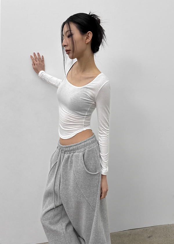 Pelong Square Neck Rounded Fleece Long-sleeved T-shirt