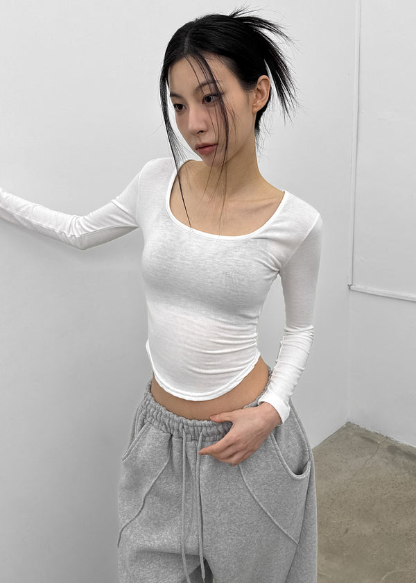 Pelong Square Neck Rounded Fleece Long-sleeved T-shirt