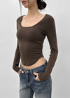 Pelong Square Neck Rounded Fleece Long-sleeved T-shirt
