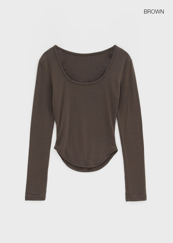 Pelong Square Neck Rounded Fleece Long-sleeved T-shirt