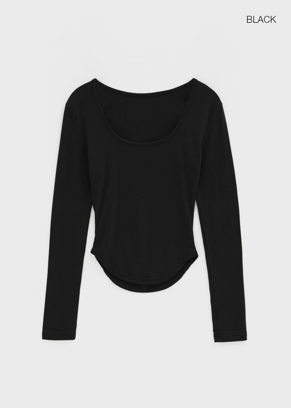 Pelong Square Neck Rounded Fleece Long-sleeved T-shirt