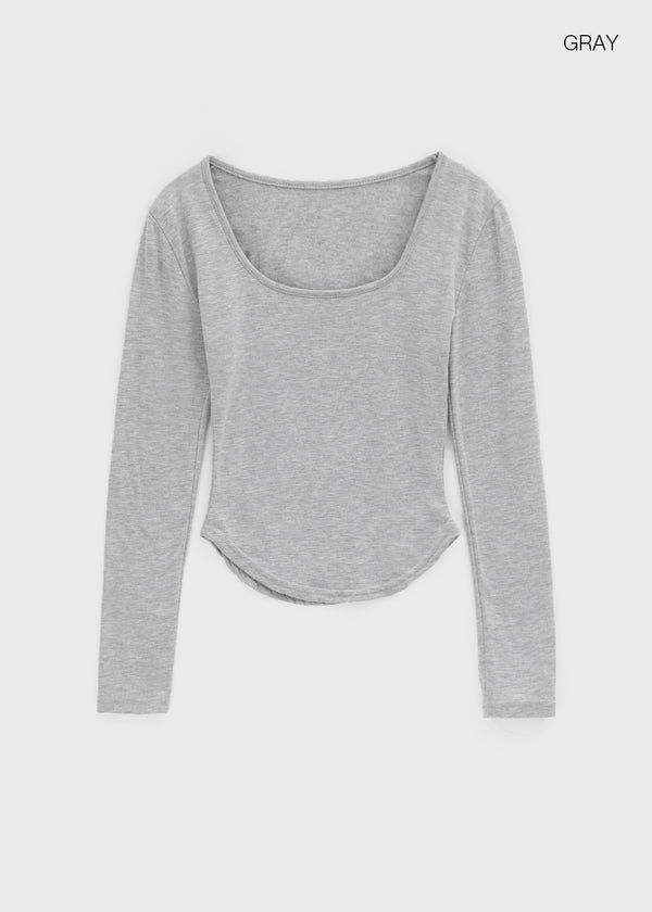 Pelong Square Neck Rounded Fleece Long-sleeved T-shirt