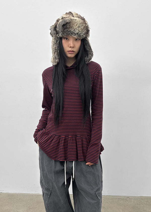 Tolsha Stripe Frill Hooded Long Sleeve T-shirt
