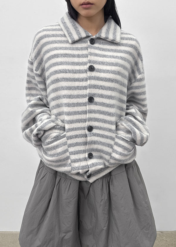(UNISEX) Ryuko Striped Fleece Collar Cardigan