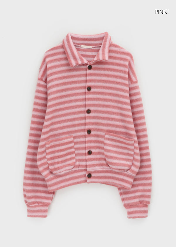 (UNISEX) Ryuko Striped Fleece Collar Cardigan