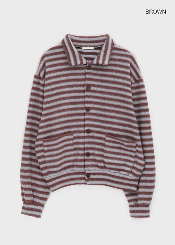 (UNISEX) Ryuko Striped Fleece Collar Cardigan