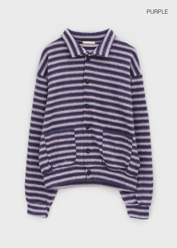 (UNISEX) Ryuko Striped Fleece Collar Cardigan