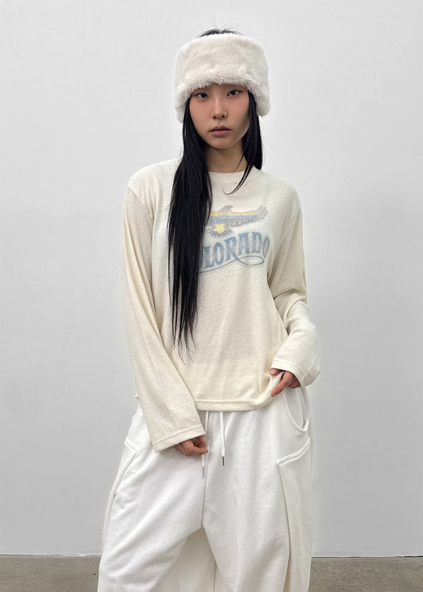 Pilaning Fleece Vintage Print Long-sleeved T-shirt