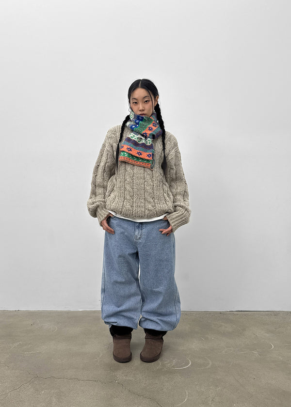 (UNISEX) Leak Alpaca Cable Henley Neck Knit