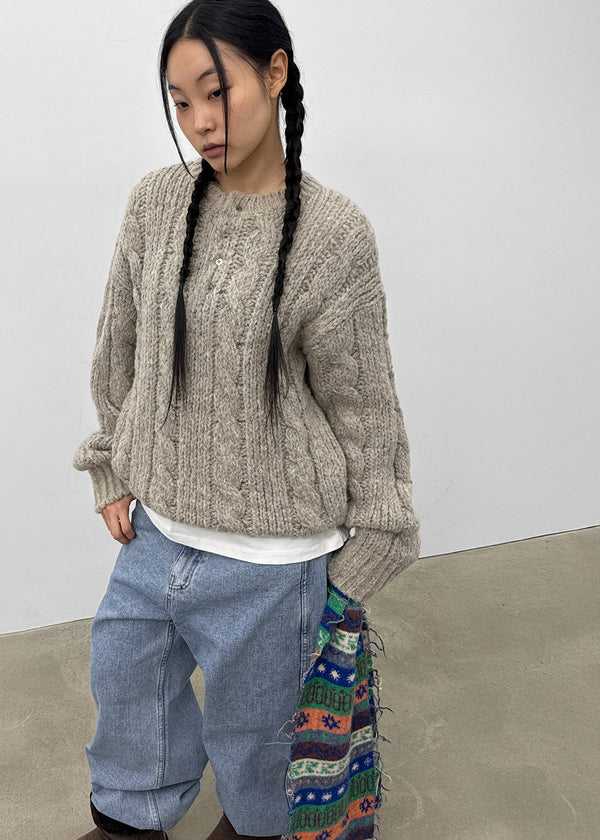 (UNISEX) Leak Alpaca Cable Henley Neck Knit