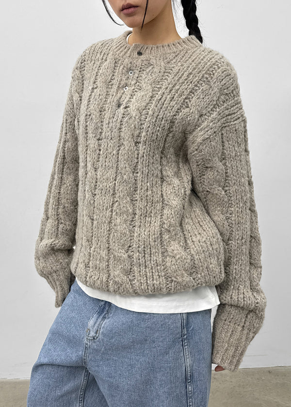 (UNISEX) Leak Alpaca Cable Henley Neck Knit