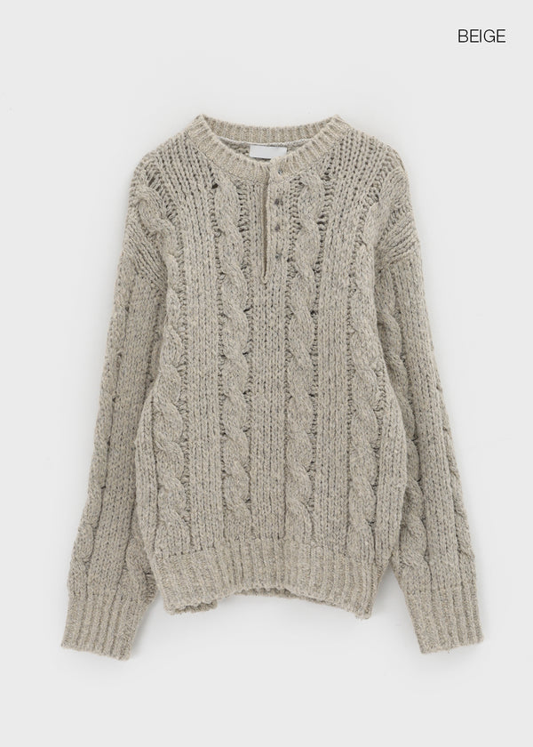 (UNISEX) Leak Alpaca Cable Henley Neck Knit