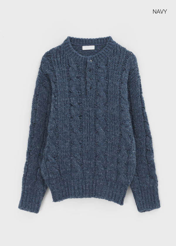 (UNISEX) Leak Alpaca Cable Henley Neck Knit