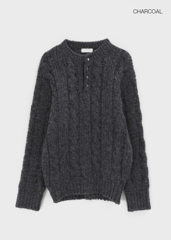 (UNISEX) Leak Alpaca Cable Henley Neck Knit