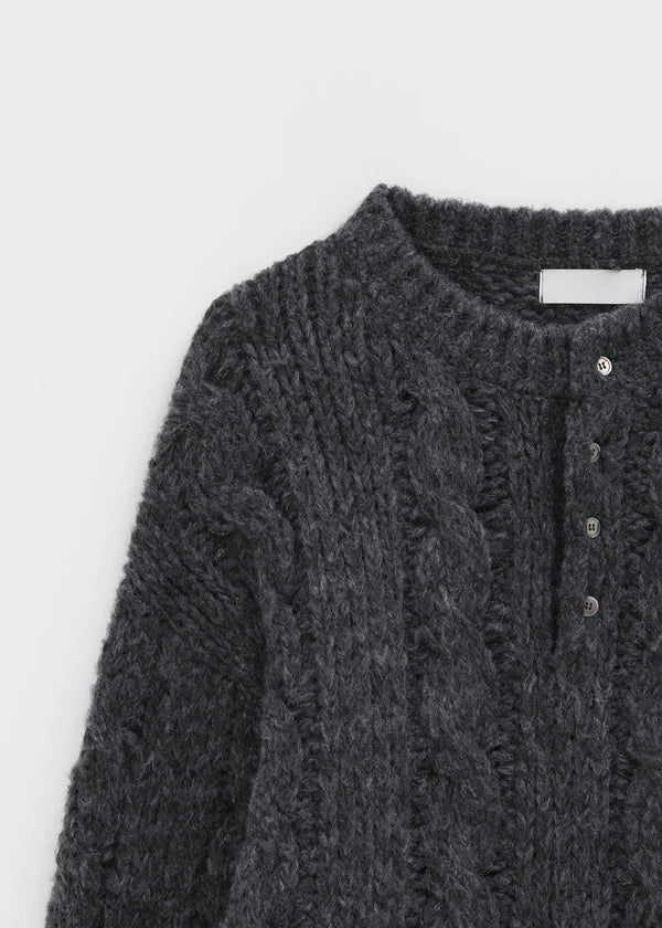(UNISEX) Leak Alpaca Cable Henley Neck Knit