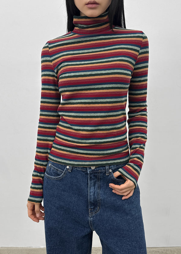Redon Color Stripe Turtleneck Long Sleeve T-shirt