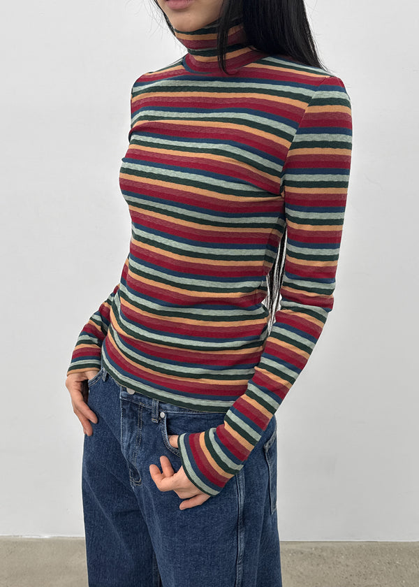 Redon Color Stripe Turtleneck Long Sleeve T-shirt