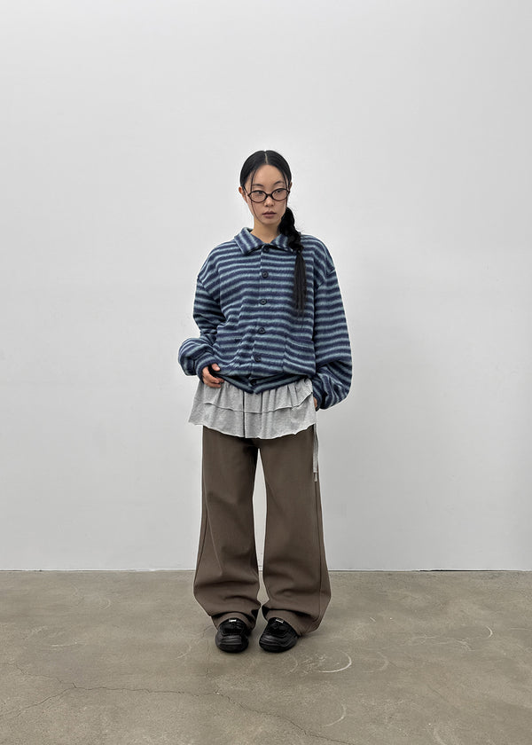 (UNISEX) Ryuko Striped Fleece Collar Cardigan