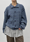 (UNISEX) Ryuko Striped Fleece Collar Cardigan