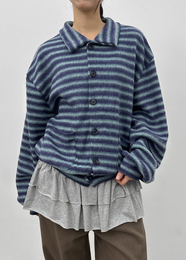 (UNISEX) Ryuko Striped Fleece Collar Cardigan