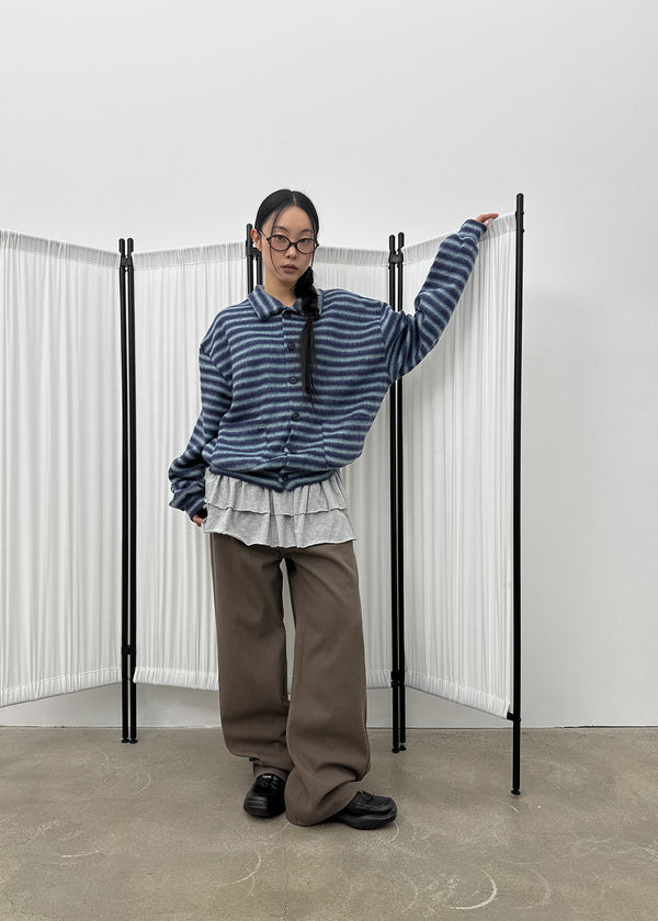 (UNISEX) Ryuko Striped Fleece Collar Cardigan