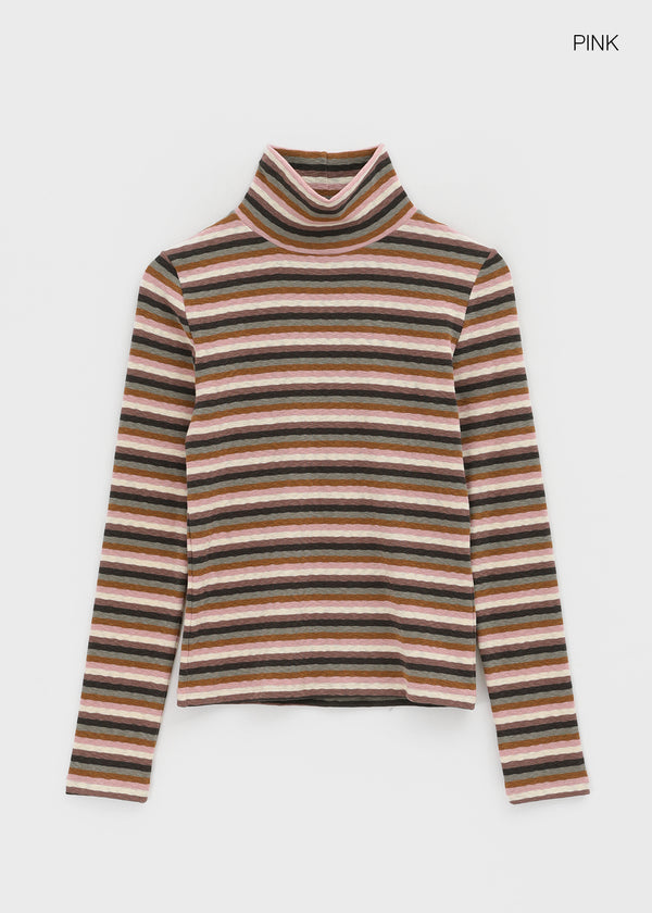 Redon Color Stripe Turtleneck Long Sleeve T-shirt