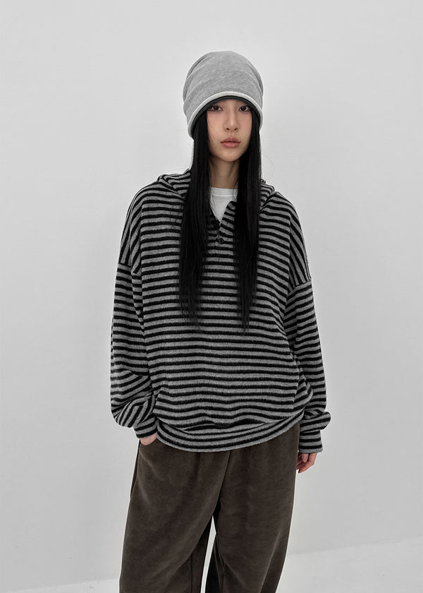 (UNISEX) Kenom Stripe Henley Neck Hooded Long Sleeve T-shirt