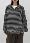 (UNISEX) Kenom Stripe Henley Neck Hooded Long Sleeve T-shirt