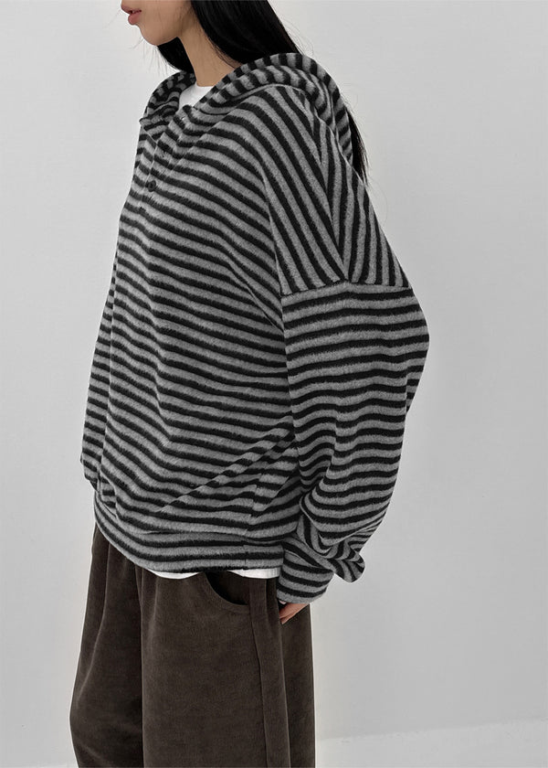 (UNISEX) Kenom Stripe Henley Neck Hooded Long Sleeve T-shirt