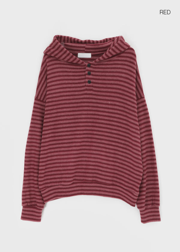 (UNISEX) Kenom Stripe Henley Neck Hooded Long Sleeve T-shirt