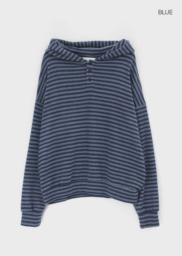 (UNISEX) Kenom Stripe Henley Neck Hooded Long Sleeve T-shirt