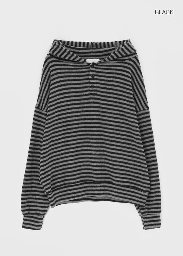 (UNISEX) Kenom Stripe Henley Neck Hooded Long Sleeve T-shirt