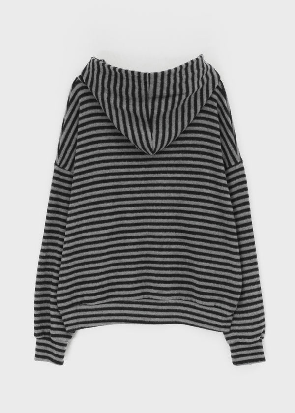 (UNISEX) Kenom Stripe Henley Neck Hooded Long Sleeve T-shirt