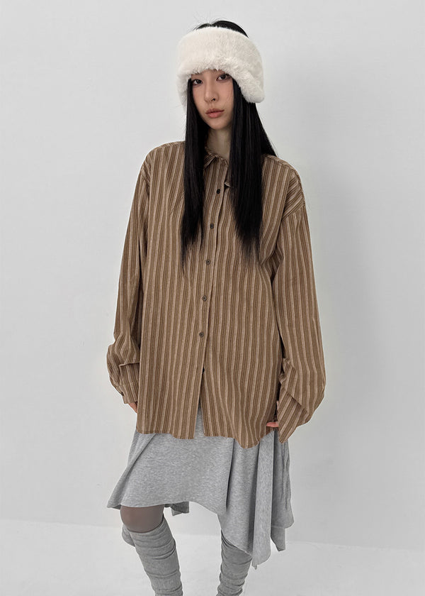 Tochi Peach Fleece Loose Fit Striped Shirt