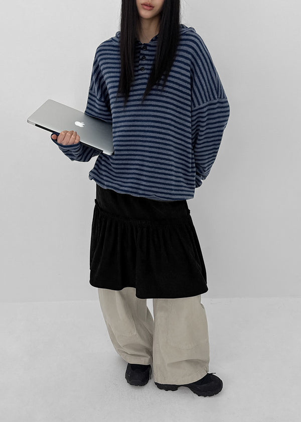 (UNISEX) Kenom Stripe Henley Neck Hooded Long Sleeve T-shirt