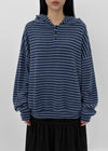 (UNISEX) Kenom Stripe Henley Neck Hooded Long Sleeve T-shirt
