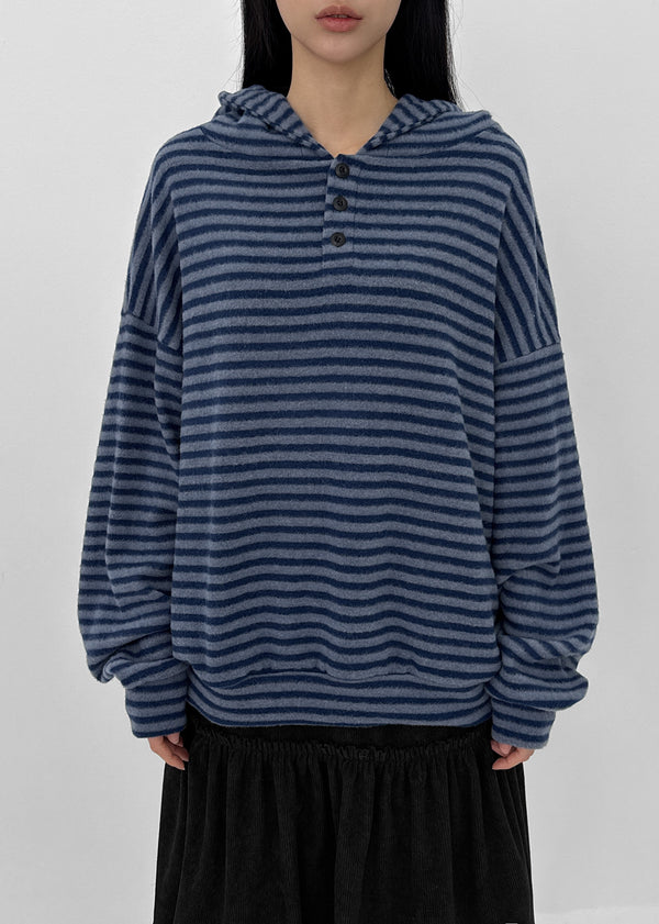 (UNISEX) Kenom Stripe Henley Neck Hooded Long Sleeve T-shirt