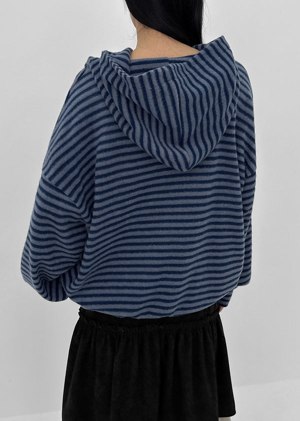(UNISEX) Kenom Stripe Henley Neck Hooded Long Sleeve T-shirt