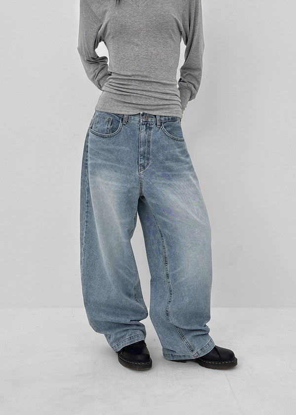 (UNISEX) Comeh Washed Wide Denim Pants
