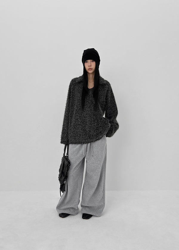 Villat Loose Fit Brush Collar Knit Long Sleeve T-shirt