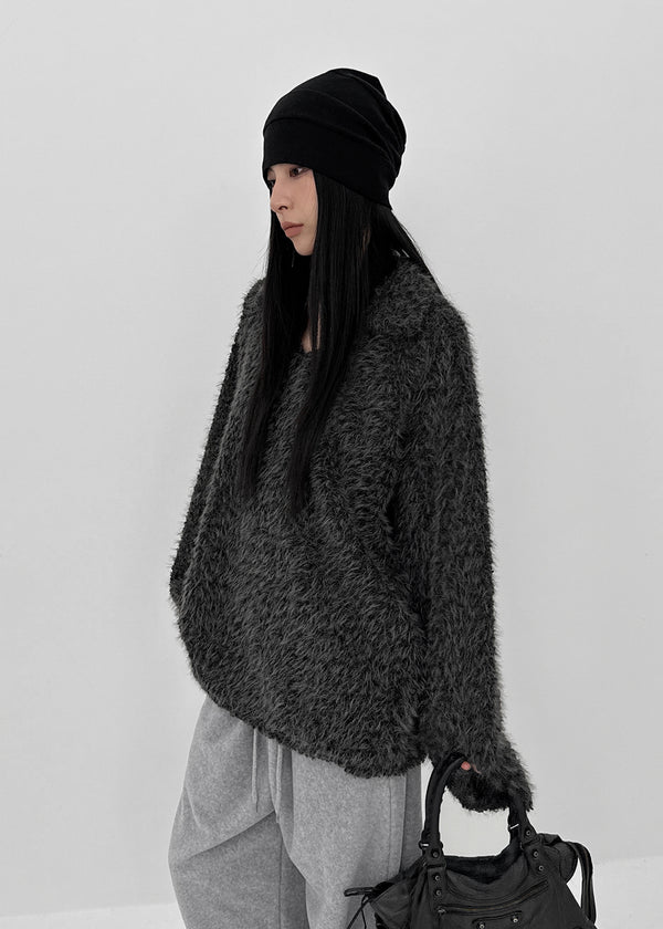 Villat Loose Fit Brush Collar Knit Long Sleeve T-shirt