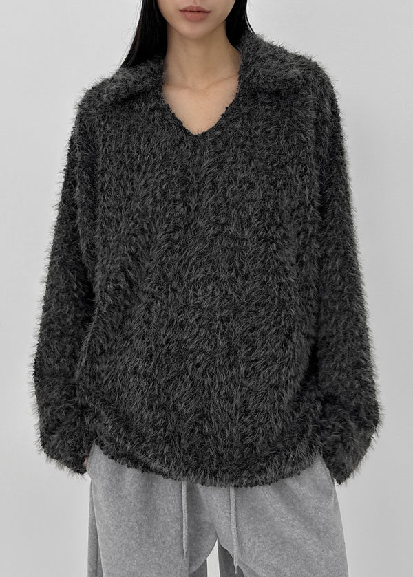 Villat Loose Fit Brush Collar Knit Long Sleeve T-shirt