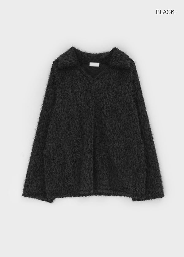 Villat Loose Fit Brush Collar Knit Long Sleeve T-shirt