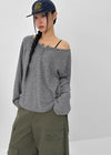 Tesion Button Off-shoulder Long Sleeve T-shirt
