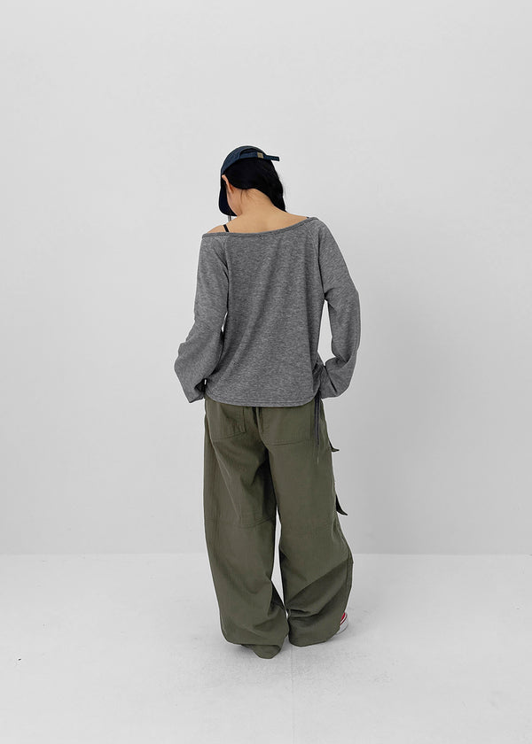 Tesion Button Off-shoulder Long Sleeve T-shirt